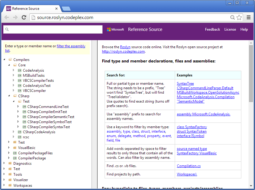 Roslyn reference source browser
